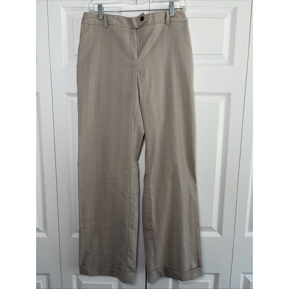 Evan-Picone Stretch Plaid Wide Leg Trousers Womens Size 10 Beige Career Cuffed